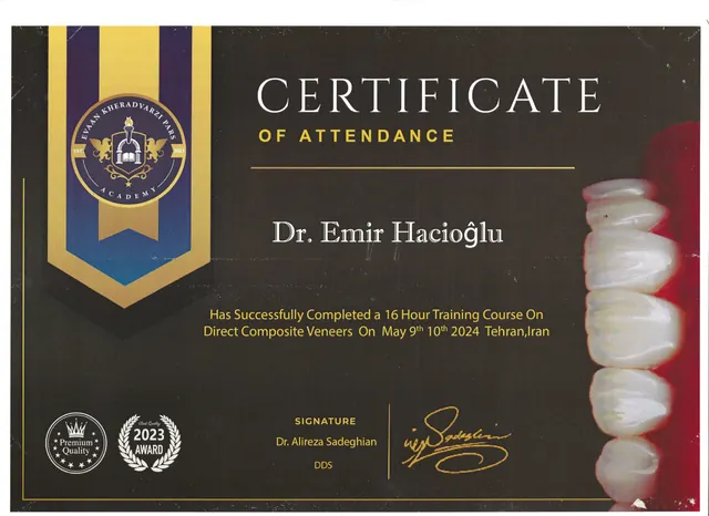 Dr. Emir Hacıoğlu — direkt kompozit lamina eğitimi katılım sertifikası