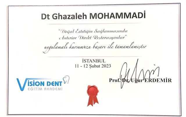 Dt. Ghazaleh Mohammadi — anterior direkt restorasyonlar uygulamalı kurs sertifikası