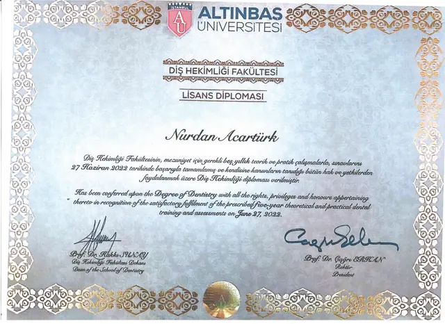 Dr. Nurdan Acartürk — Altınbaş Üniversitesi Diş Hekimliği Fakültesi lisans diploması