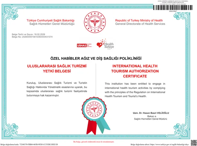 T.C. Sağlık Bakanlığı Uluslararası Sağlık Turizmi Yetki Belgesi — Özel Habibler Ağız ve Diş Sağlığı Polikliniği